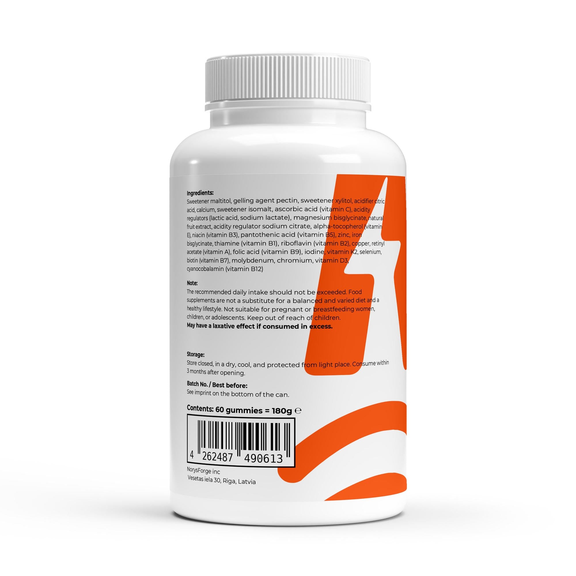 Supplement container with 60 gummies label - month supply for great price which is loved by athletes. Orange text on a white jar