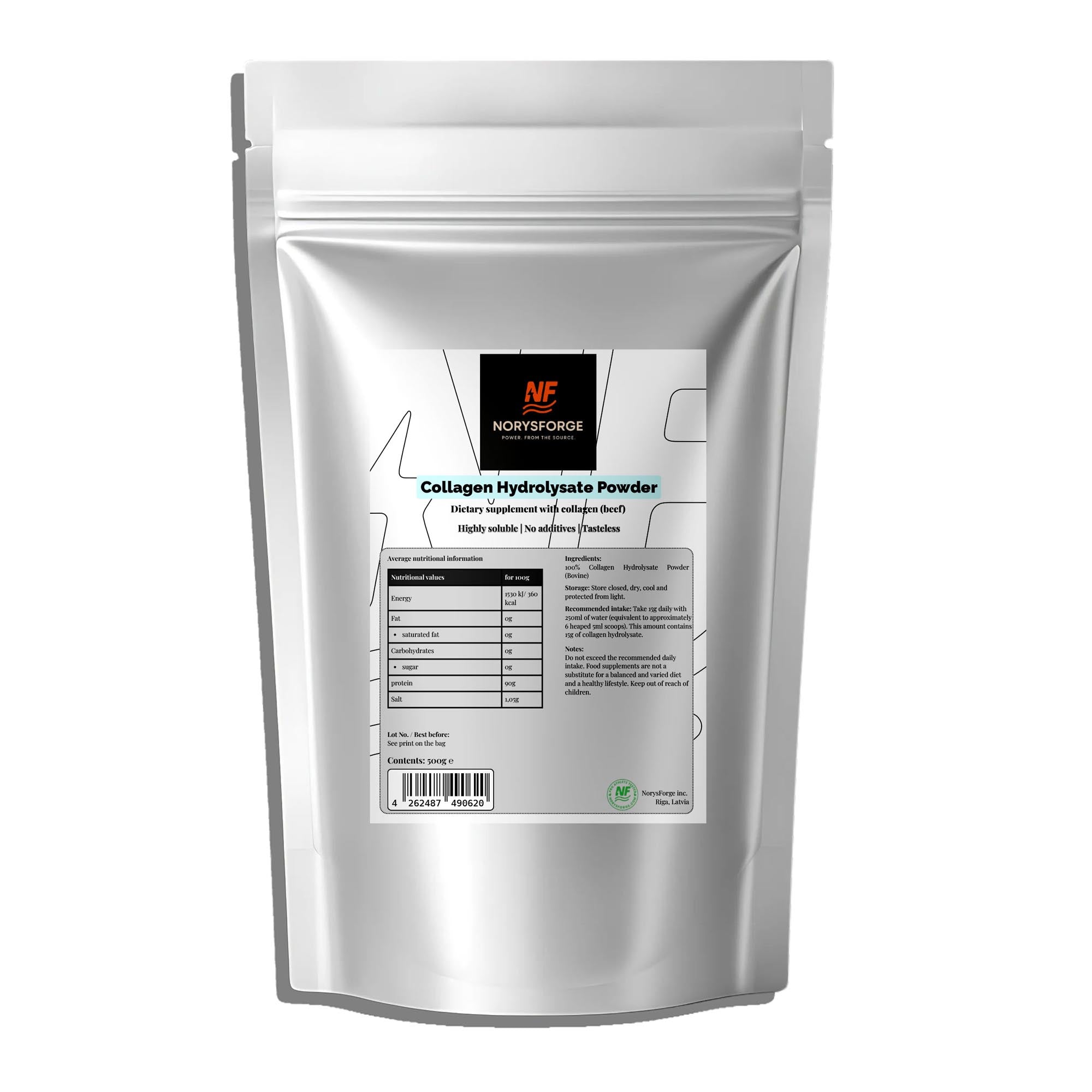 Resealable package of Norsysforge Collagen Hydrolysate Powder. Best collagen for athletes and everyday sportsmen.