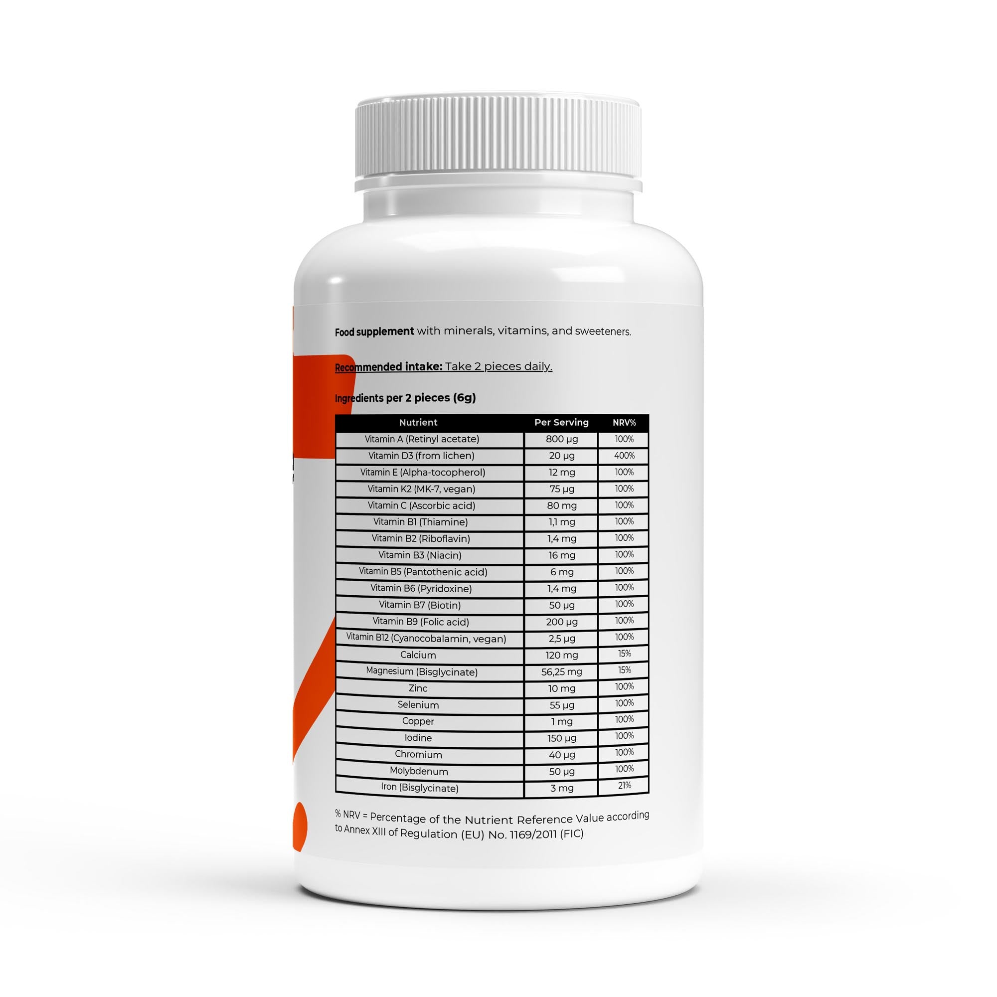 NorysForge multivitamin gummies. Vitamin A, Vitamin d3, Vitamin E, Vitamin K2 and D, Vitamin C, Full Vitamin B complex - b1, b2, b3, b5, b6, b7, b9 and b12 - all full needed daily does. Also calcium, magnesium bisglycinate, Zinc, Selenium, Copper, iodine, Chromium, Iron and finally mollybdenum. Daily multivitamins
