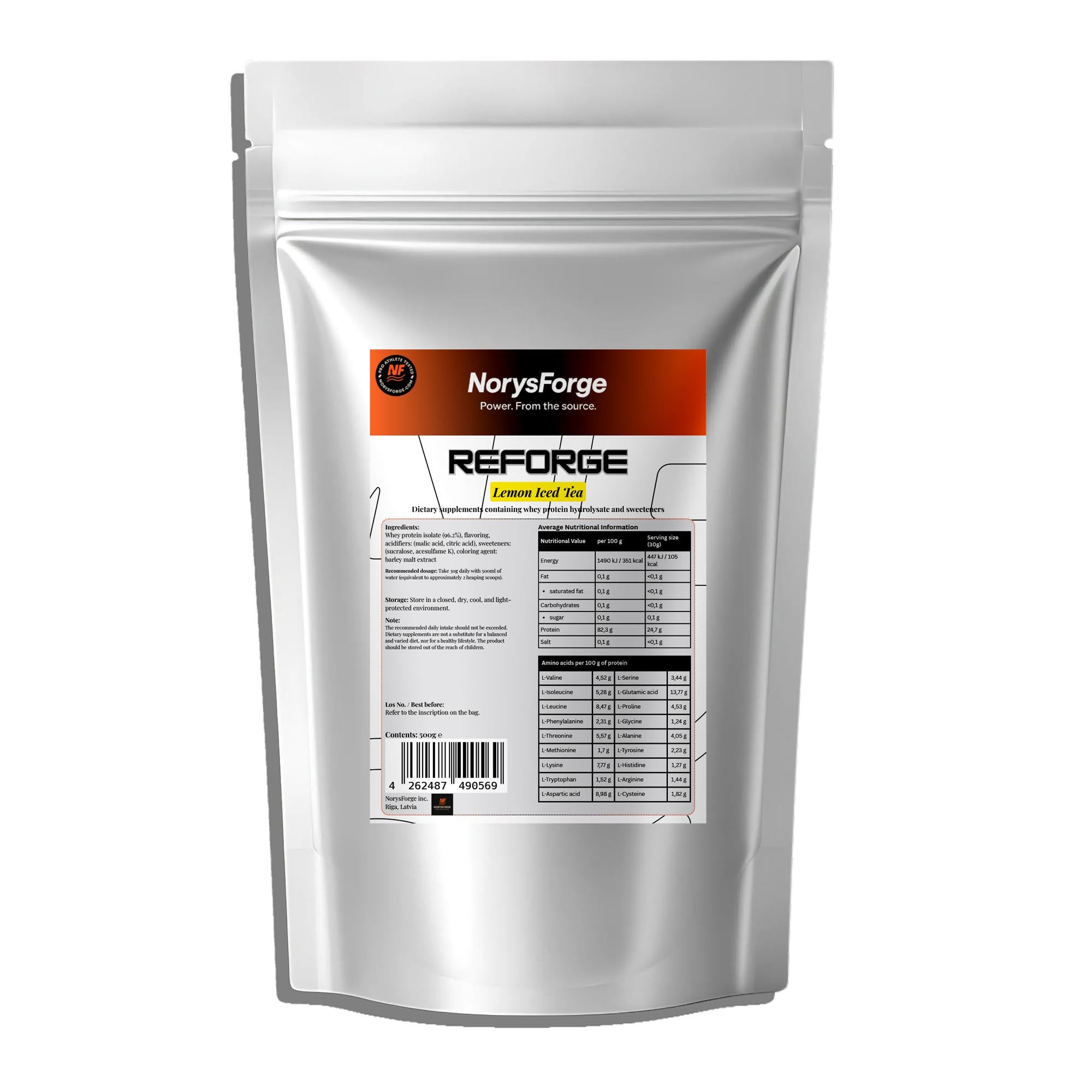 NorysForge Reforge whey protein isolate resealable doypack with and easy to use design. Made for athletes and everyday protein user, gym bro and elite pro athletes, lemon iced tea flavour 500g. 25g of protein per serving. fast acting clear protein for recovery